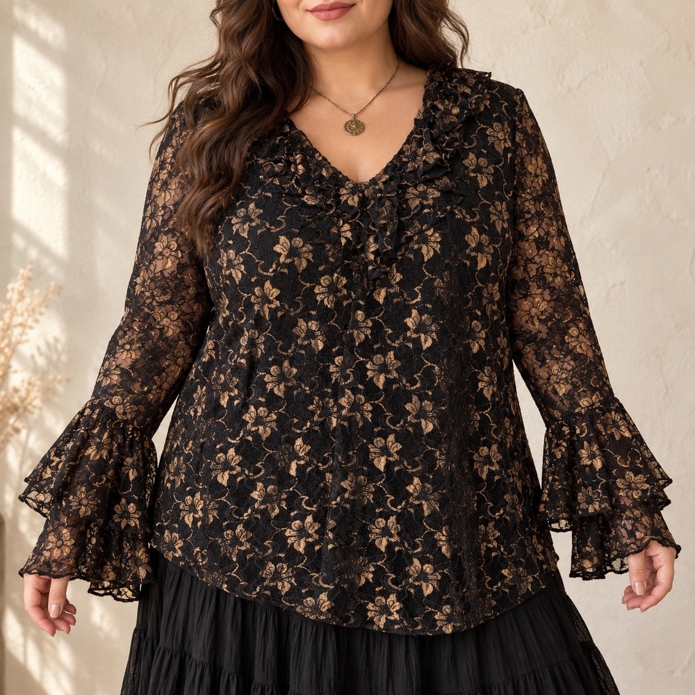 Worthington 1X Black Gold Floral Lace Bell Sleeve Top Whimsigoth Ruffle Blouse